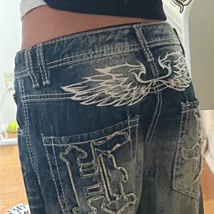 Zumiez Blue Straight Leg Jeans with White Embroidery